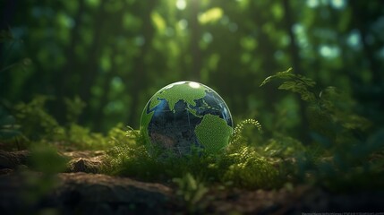 World Environment Day. A glass ball in the form of a planet lies on grass against the background of forest. AI-generated. Ecology.