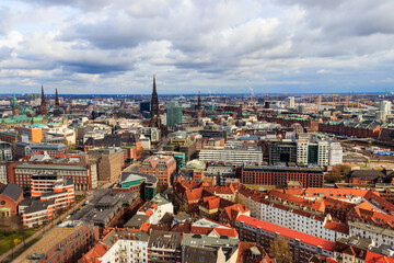 Aerial view of Hamburg city center, Germany. View from bell tower of St. Michael's Church