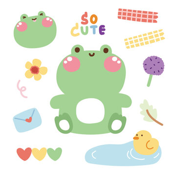 Naklejka Set of cute frog sit with tiny icon.Pastel color.Reptile animal character cartoon design collection.Image for card,poster,sticker.Duck.Flower.Decoration.Kawaii.Vector.Illustration