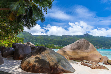 Landscape of Beau Vallon beach, Seychelles. Coastal view