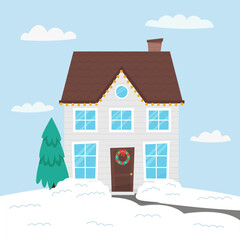 Christmas house with a wreath on the door in cartoon flat style