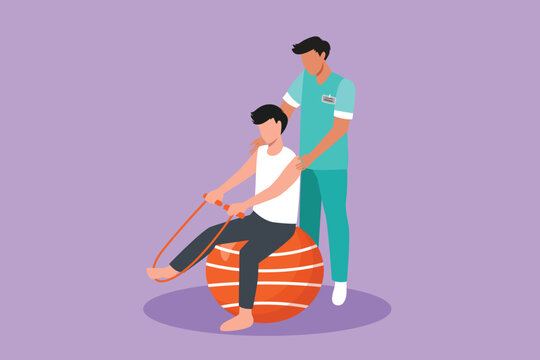 Character flat drawing physiotherapy rehabilitation isometric composition with medical specialist helping man patient to massage leg with rope. Healthcare hospital. Cartoon design vector illustration