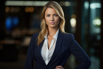 Confident and Successful Businesswoman: A Striking Portrait of a Blonde-haired, Blue-eyed Executive in a Polished Business Suit, Demonstrating Resolute Determination and Professionalism