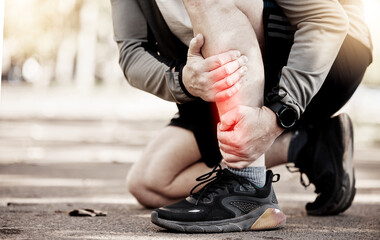 Joint pain, legs and running, fitness and red overlay, injury with person outdoor, sneakers and...