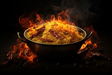 Hot and spicy biryani with flames