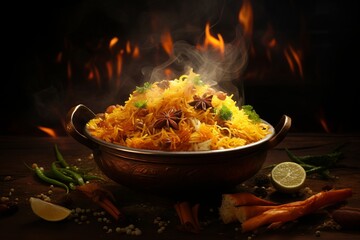 Hot and spicy biryani with flames