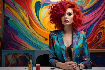 A Confident and Expressive Woman with Red Hair, Embracing her Independent Style, Sitting at a Colorful Desk in front of an Abstract Painting