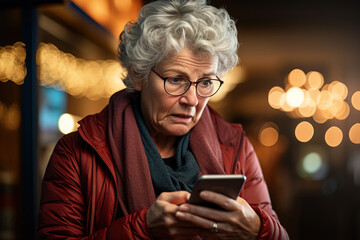 Older woman handling a smart phone, looking frustrated. Concept of technology and older people, digital divide.