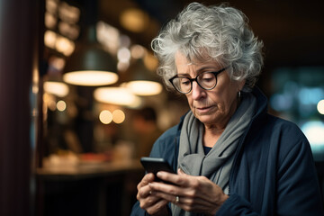Older woman operating a smart phone in the street. Concept of technology and old age, digital divide.