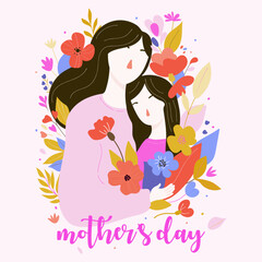 ready vector template poster template mothers day card with illustration of mother and baby girl hugging decorated with flowers with congratulatory caption in flat style.