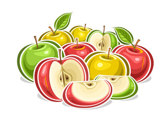 Vector logo for Colorful Apples, decorative horizontal poster with outline illustration of red, yellow and green apple fruity composition, fruit print with juicy multicolored chopped apples with seeds
