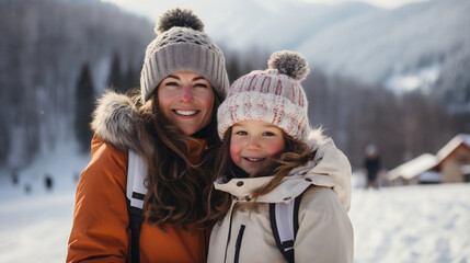 Fototapeta na wymiar Mother with daughter smiling and wearing beanies and coast standing at a ski resort in winter clothes view of mountains and forest and snow in the background winter snow Christmas season