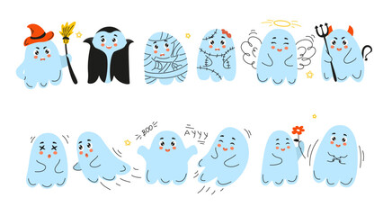 set of cute ghosts, doodle halloween, ghost, cute ghost, doodle ghost, halloween ghost