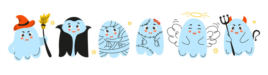 set of cute ghosts, doodle halloween, ghost, cute ghost, doodle ghost, halloween ghost