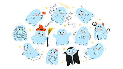 set of cute ghosts, doodle halloween, ghost, cute ghost, doodle ghost, halloween ghost