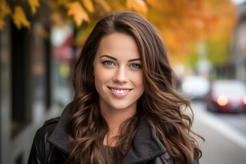 Young brunette woman wearing a dark coat posing on the sidewalk with blurry fall trees in the distance.