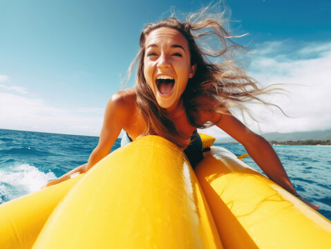 An enthusiastic girl rides an inflatable banana boat on the sea