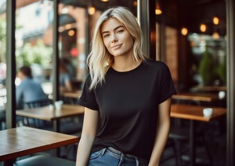 Young blonde woman wearing Bella Canvas black t-shirt mock up - obrazy, fototapety, plakaty