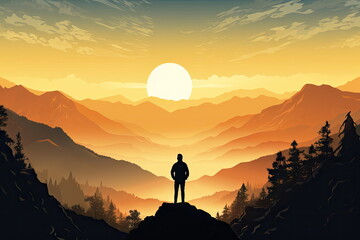 silhouette man standing on the mountain with beautiful valley landscape