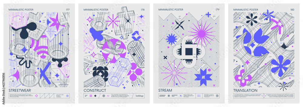 Leinwandbilder futuristic retro vector color minimalistic posters with 3d strange wireframes form graphic of geomet