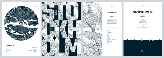 Fototapeta na wymiar Set of travel posters with Stockholm, detailed urban street plan city map, Silhouette city skyline, vector artwork