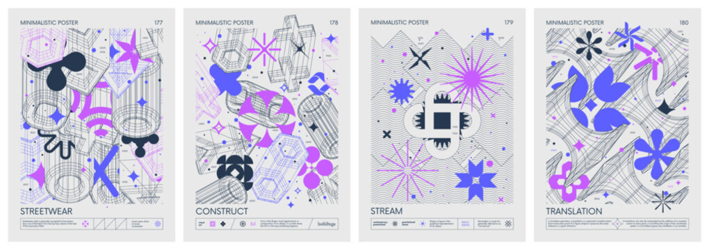 Futuristic retro vector color minimalistic Posters with 3d strange wireframes form graphic of geometrical shapes modern design inspired by brutalism and silhouette basic figures, set 45