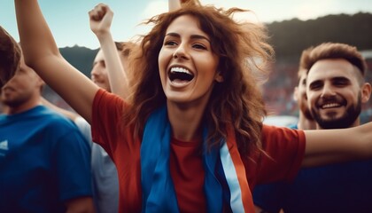 Young happy woman cheering at soccer championship