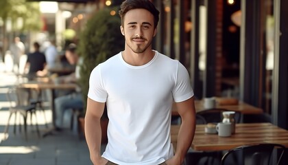 Young man wearing Bella Canvas white t-shirt and jeans at cafe