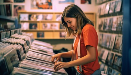 Young woman digging for LPs in record store