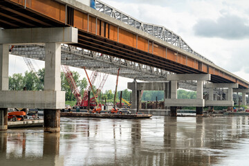 bridge construction over Missouri River near Rocheport in Missouri as seen from Katy Trail - obrazy, fototapety, plakaty