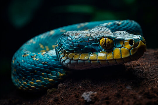 Blue and yellow snake closeup