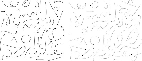 Fototapeta na wymiar Hand drawn dotted arrows. Hand drawn freehand different curved lines, swirls arrows. Curved arrow line. Doodle, sketch style. Isolated Vector illustration.