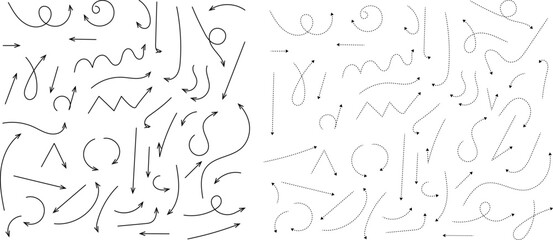 Hand drawn dotted arrows. Hand drawn freehand different curved lines, swirls arrows. Curved arrow line. Doodle, sketch style. Isolated Vector illustration.