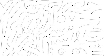 Hand drawn dotted arrows. Hand drawn freehand different curved lines, swirls arrows. Curved arrow line. Doodle, sketch style. Isolated Vector illustration.