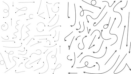 Hand drawn dotted arrows. Hand drawn freehand different curved lines, swirls arrows. Curved arrow line. Doodle, sketch style. Isolated Vector illustration.