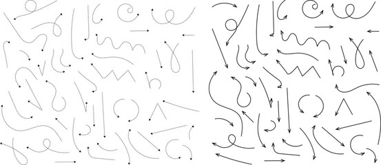 Hand drawn dotted arrows. Hand drawn freehand different curved lines, swirls arrows. Curved arrow line. Doodle, sketch style. Isolated Vector illustration.