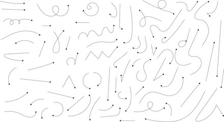 Hand drawn dotted arrows. Hand drawn freehand different curved lines, swirls arrows. Curved arrow line. Doodle, sketch style. Isolated Vector illustration.