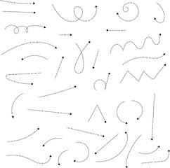 Hand drawn dotted arrows. Hand drawn freehand different curved lines, swirls arrows. Curved arrow line. Doodle, sketch style. Isolated Vector illustration.