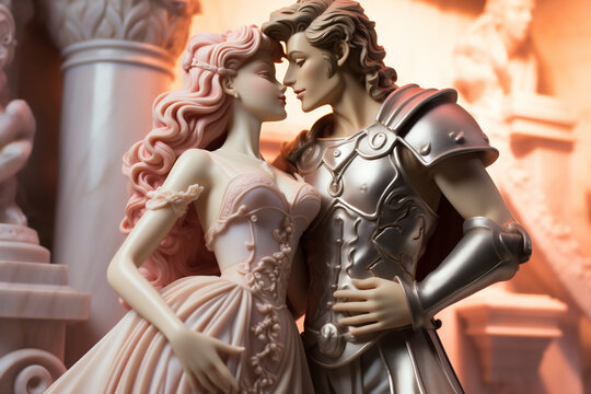 Beautiful plastic sculpture young couple kissing each other. Romantic concept. AI Generative