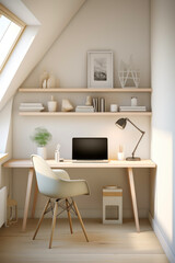 Small Home office, Minimalist oasis, sleek lines, Nordic charm, monochrome palette, ample natural light, Scandinavian style. 