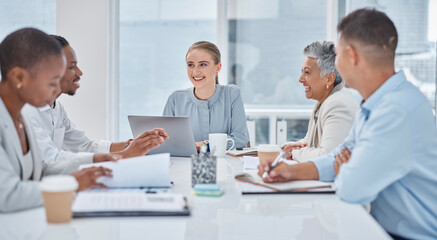 Fototapeta premium Business people, meeting and planning, collaboration or teamwork for online project, happy discussion and marketing. Group of women and men in diversity, agency agenda and brainstorming on computer