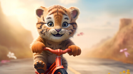 Small, cute tiger riding a bicycle. 