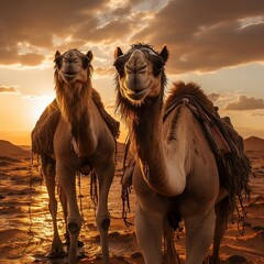 Two camels in the Sahara desert at sunset. Africa