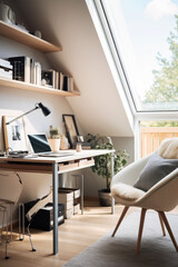 Small Home office, Minimalist oasis, sleek lines, Nordic charm, monochrome palette, ample natural light, Scandinavian style. Generative AI