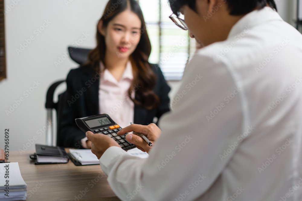 Poster businessman using calculator and brainstorming about finance of new startup project with executive