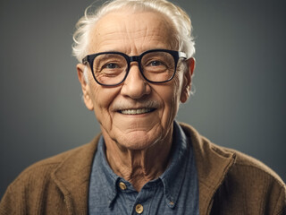 Elderly positive gray-haired man in glasses smiles
