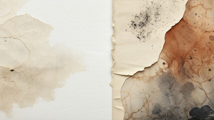 Close-up shots of textured paper with torn edges and ink stains