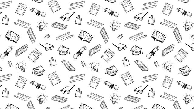 4k animated education concept motion pattern. Hand Drawn vintage learning icons texture. Doodle style pattern. Different school stationary texture isolated on white background. Back to school new term