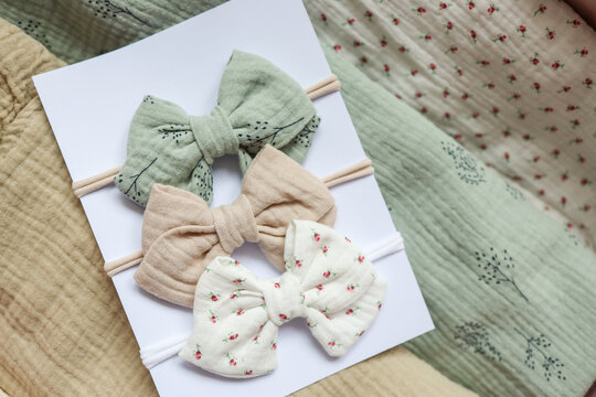 Handmade bows and fabric close-up