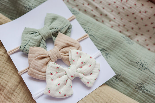 Handmade bows and fabric close-up
